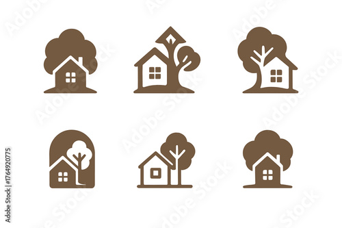 Boutique Retirement Logos. Retirement community. Set Logo of Retirement community: cozy cottage with tree. harmonious logo variations of the same emblematic