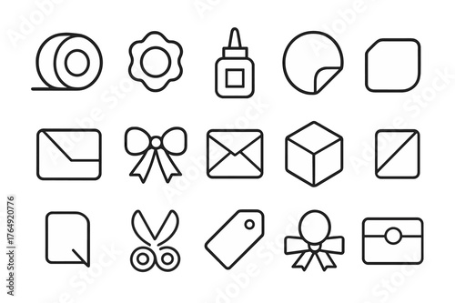 Sealing Icon Set. Sealing and Packaging. Line icon set of Sealing and Packaging: adhesive tape, wax seal, glue bottle, sticker label, folded flap, ribbon tie,