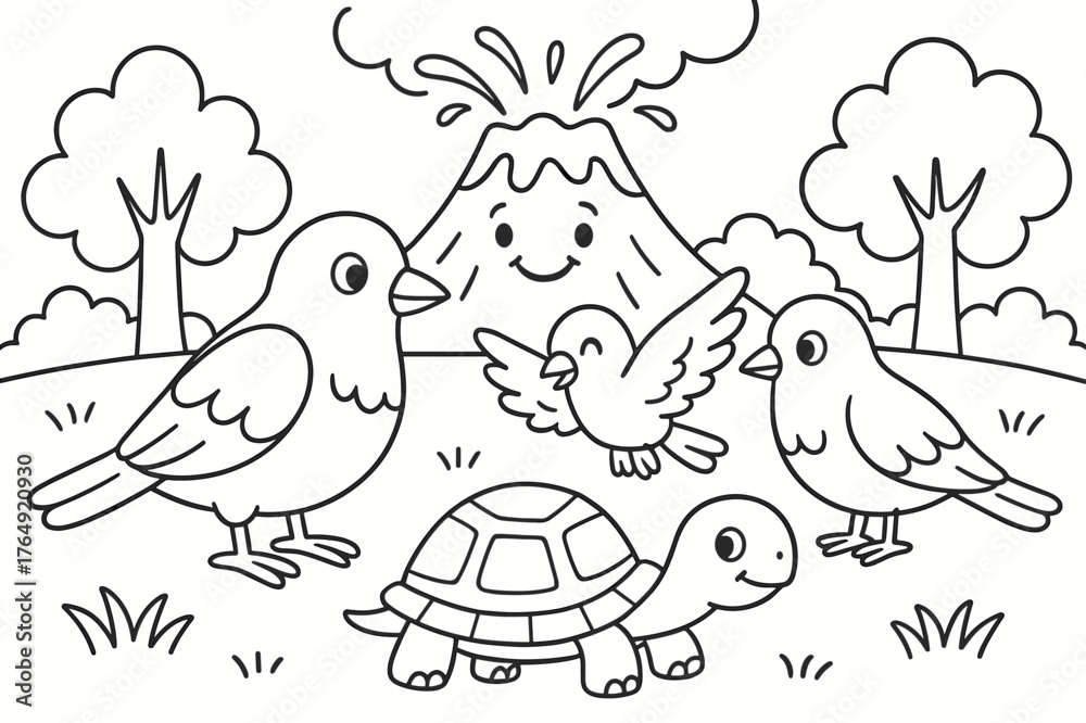 Fototapeta premium Animals and Smiling Volcano. Animals near volcanoes children?s coloring book illustration, outlined drawing, birds and a tortoise on safe ground with a distant