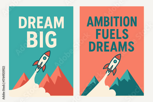 Dream Big Banners. Dream big. Two vertical A6 banners with safe margins, centered composition, no elements touching edges, modern, turquoise and coral, objects