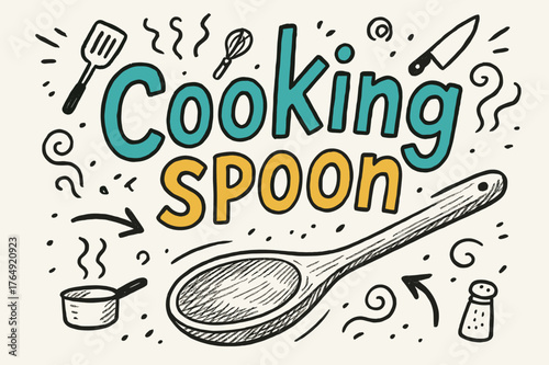 Playful Kitchen Doodles. Doodle / Sketch ? "Cooking Spoon" in playful hand-drawn letters, rough sketch outlines with arrows, utensils, steam curls, and small