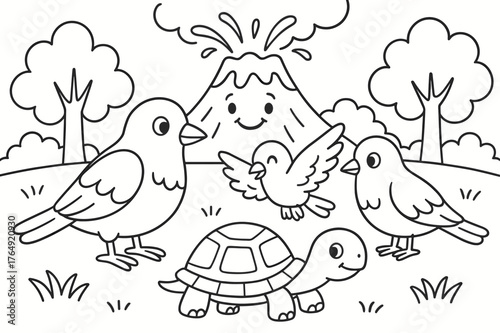 Animals and Smiling Volcano. Animals near volcanoes children?s coloring book illustration, outlined drawing, birds and a tortoise on safe ground with a distant
