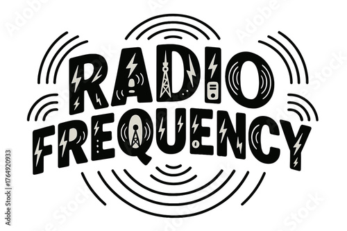 Radio Frequency Design. Decorative Display Lettering ? "Radio Frequency" with silhouette letters containing tiny radio waves, transmitters, dials,