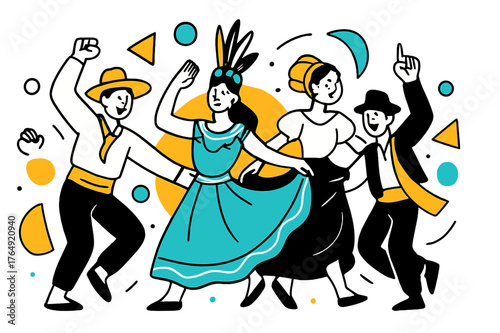 Festive Geometric Dance. Cultural Festivals. Performers in traditional costumes dancing with floating abstract geometric shapes and colorful accents, lively