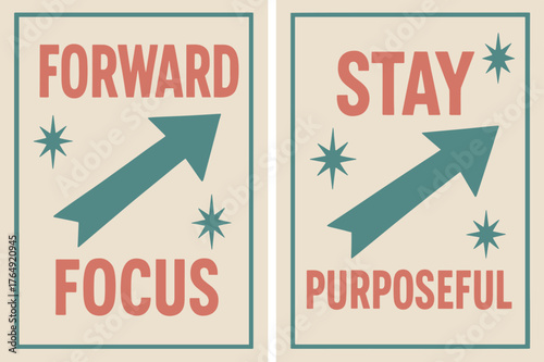 Retro Motivational Banners. Forward focus. Two vertical A6 banners with safe margins, centered composition, no elements touching edges, retro, pink and teal,
