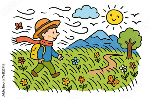 Windy Meadow Adventure. windy meadow. Colorful Hand-drawn doodle Children illustration windy meadow person, tall grass, wind, mountain, clouds, sun, birds,