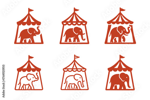 Elephant Logo Variations. Elephant Performance. Set Logo of Elephant Performance: circus tent with elephant. harmonious logo variations of the same emblematic