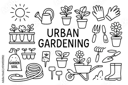 Urban Gardening Doodles. Urban Gardening. Hand-drawn doodle illustration Urban Gardening balcony plants, pots, watering can, gloves, trowel, shovel, seedlings,