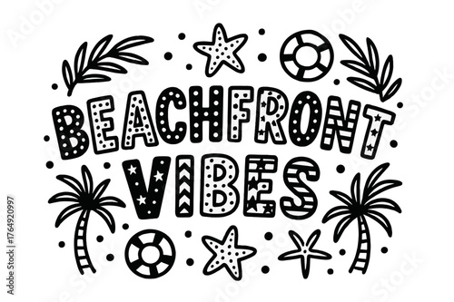 Coastal Lettering Display. Beachfront Vibes ? playful decorative display lettering; patterned letters (dots/stripes/stars), gently arched word-shape; framed