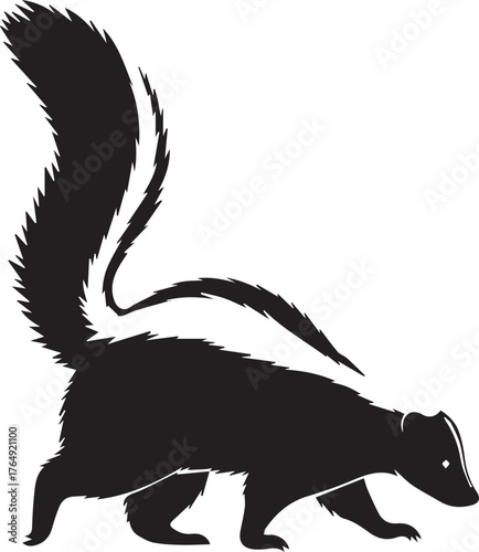 Silhouetted skunk walking proudly with bushy tail raised in classic pose