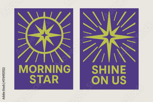 Morning Star Banners. Morning Star. Two vertical A6 banners with safe margins, centered composition, no elements touching edges, geometric, royal purple and