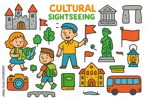Cultural Sightseeing Adventure. cultural sightseeing. Colorful Hand-drawn doodle Children illustration cultural sightseeing castle, museum, ancient monument,