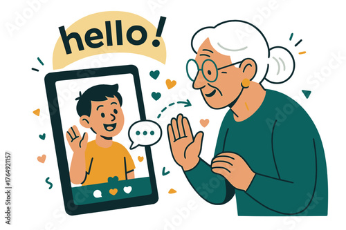 Grandchild Video Chat. Elderly ? Video Call. A tablet shows a grandchild waving; chat dots and tiny hearts float between screens. Caption ?hello!? arcs above