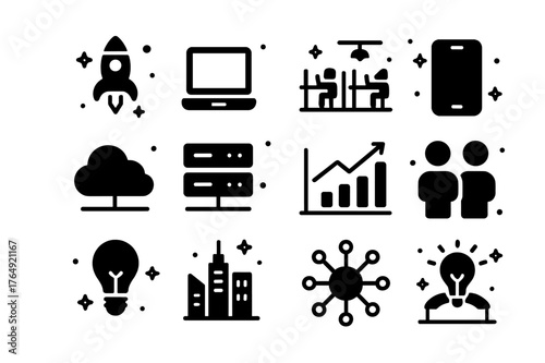 Emerging Tech Icons. Emerging Tech Hubs. Solid icons set of Emerging Tech Hubs: startup, laptop, coworking office, smartphone, cloud, server, data chart,