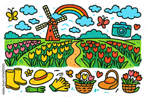 Colorful Tulip Fields. Tulip fields. Colorful Hand-drawn doodle Children illustration Tulip fields rows of tulips, windmill, walking path, rainbow, hat, basket