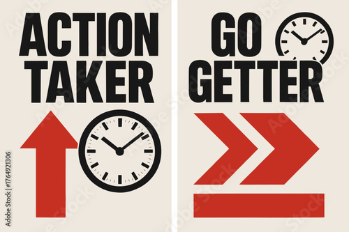 Action Taker Banners. Action taker. Two vertical A6 banners with safe margins, centered composition, no elements touching edges, brutalist, black and red,
