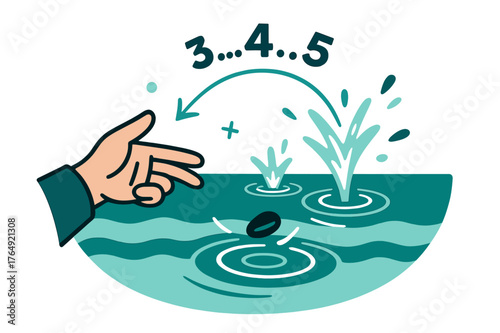 Stone Skipping Artistry. Pebble ? Ocean Toss. A hand skips a stone across calm waves; concentric splash circles expand in rhythm. Text ?......? arcs with the