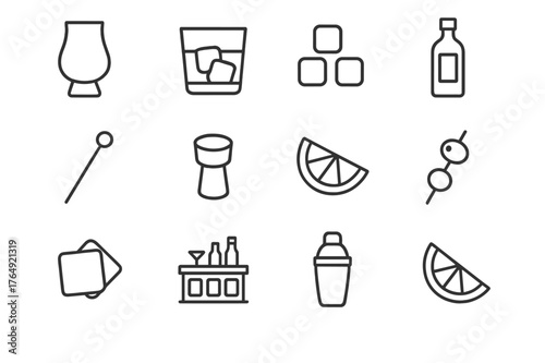 Spirit Tasting Icons. Spirit tasting. Line icon set of spirit tasting: crystal glass, whiskey glass, ice cubes, bottle, cocktail stirrer, cork, lemon slice,