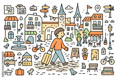 Charming Old Town Stroll. Old town stroll. Hand-drawn doodle illustration person walking (colored), cobblestone street (colored), historic buildings (colored),
