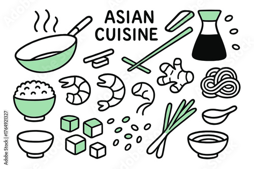 Asian Cuisine Doodles. // Asian cuisine. Hand-drawn doodle illustration Asian cuisine [wok pan (accented), chopsticks (accented), rice bowl, soy sauce bottle