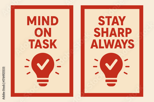 Mindful Focus Banners. Mind on task. Two vertical A6 banners with safe margins, centered composition, no elements touching edges, flat vector design, red and