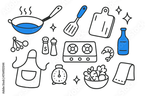 Colorful Kitchen Doodles. // Kitchen setup. Hand-drawn doodle illustration Kitchen setup [wok (accented), spatula (accented), cutting board (accented), stove,