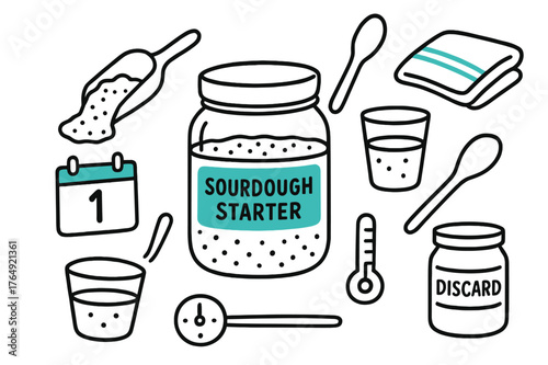 Sourdough Starter Essentials. // Sourdough starter. Hand-drawn doodle illustration Sourdough starter [glass jar (accented), rubber band, starter bubbles