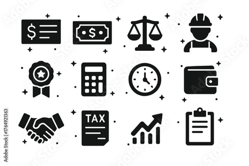Fair Wage Icons. Fair Wage. Solid icons set of Fair Wage: paycheck, dollar bill, scale balance, worker, union badge, calculator, clock, wallet, handshake, tax