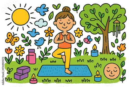 Peaceful Yoga Garden. Outdoor yoga garden. Colorful Hand-drawn doodle Children illustration Outdoor yoga garden flowers, grass, yoga mat, butterflies, candles,