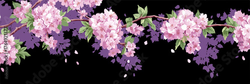 화려한 분홍색 벚꽃 가지가 검은 배경 위에서 우아하게 만개하여 봄의 따뜻함과 아름다움을 표현하는 섬세한 벡터 일러스트레이션으로, 다양한 디자인 프로젝트에 활용하기 좋습니다.