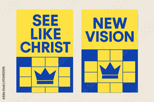 Bauhaus Kingdom Banners. Kingdom Vision. Two vertical A6 banners with safe margins, centered composition, no elements touching edges, bauhaus, cobalt and