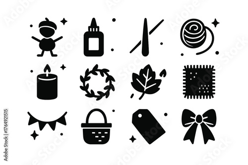 Chestnut Craft Icons. Chestnut Crafts and Decor. Solid icons set of Chestnut Crafts and Decor: chestnut figure, glue bottle, toothpick, string, candle jar,