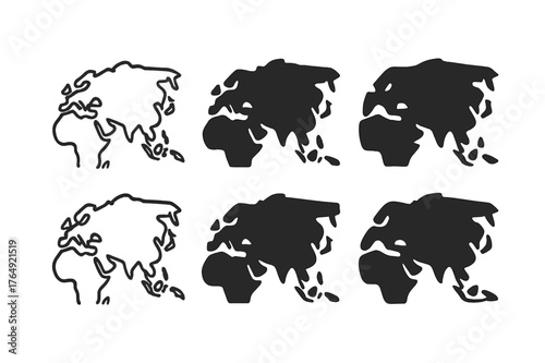 Eurasia Logo Grid. Eurasia. Set Logo of Continental Overview: Minimal outline, Negative space, Flat solid, Symmetrical form, Stylized detail, Iconic shape.