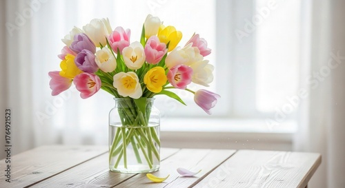 a beautiful bouquet of colorful tulips in a glass vase, soft natural lighting, wooden table, blurred background, delicate, vibrant colors, detailed floral arrangement, serene, elegant, photorealistic
