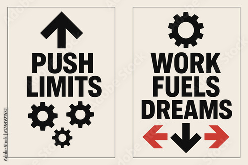 Brutalist Banner Design. Push limits. Two vertical A6 banners with safe margins, centered composition, no elements touching edges, brutalist, black and red,