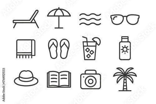 Poolside Essentials Icons. Relaxing by the Pool. Line icon set of Relaxing by the Pool: sun lounger, umbrella, pool water ripples, sunglasses, towel, flip