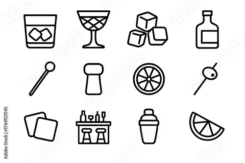 Cocktail Icon Set. Cocktail hour. Line icon set of cocktail hour: whiskey glass, crystal glass, ice cubes, bottle, cocktail stirrer, cork, lemon slice, olive,