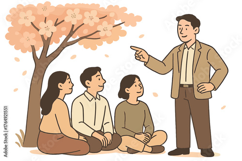 Guiding Under Blossoms. Leadership. A mentor guiding a team under a cherry blossom tree, symbolizing growth and gentle authority in a Korean-inspired
