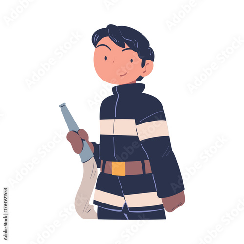 Man Firefighter with Hose in Uniform Engaged in Professional Job Vector Illustration