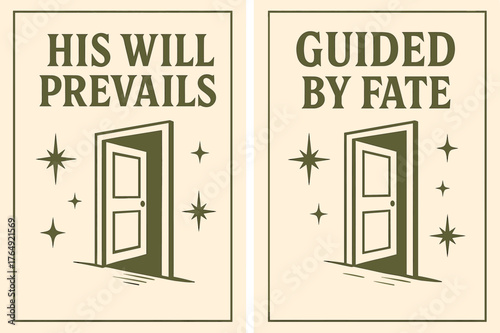 Destiny Banners Design. Destiny. Two vertical A6 banners with safe margins, centered composition, no elements touching edges, retro, olive green and cream,