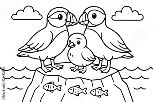 Puffin Family Coloring Page. Puffin family children?s coloring book illustration, outlined drawing, two parent puffins and a chick standing on a rocky cliff