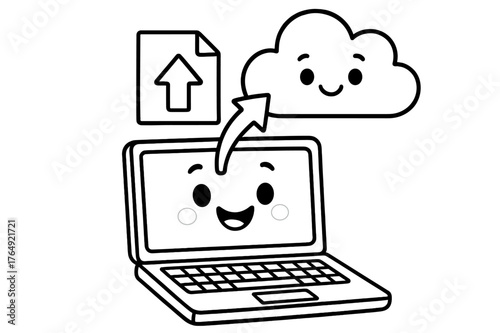 Laptop and Cloud Coloring. Uploading to the cloud children?s coloring book illustration, outlined drawing, a cheerful laptop sending a file with an arrow