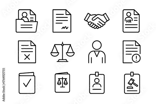 Employment Law Icons. Employment Law. Line icon set of Employment Law: employee file, contract document, handshake, job offer paper, termination notice,