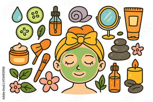 Colorful Facial Care Doodles. facial care. Colorful Hand-drawn doodle Children illustration facial care face mask, cucumber slices, headband, towel, cream jar,