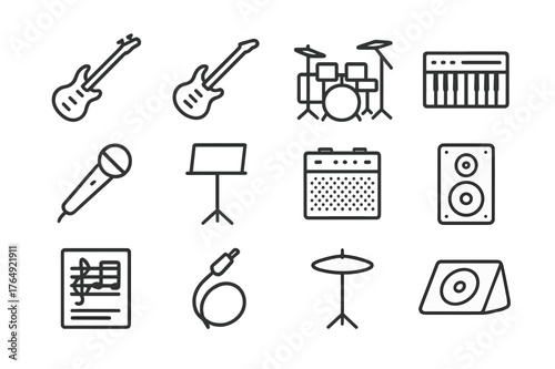Live Band Icons. Live Band. Line icon set of Live Band: electric guitar, bass guitar, drum set, keyboard, microphone, music stand, amplifier, speaker, sheet