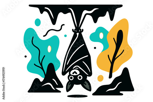 Serene Bat Cave. Cave. Bat hanging from stalactite with floating abstract cave shapes and soft glowing highlights, serene and natural cave interior. Modern