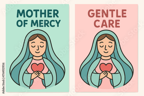 Mother of Mercy Banners. Mother of Mercy. Two vertical A6 banners with safe margins, centered composition, no elements touching edges, cartoon, pastel mint and