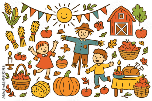 Harvest Festival Celebration. Harvest festival. Colorful Hand-drawn doodle Children illustration Harvest festival wheat sheaves, corn, pumpkin, baskets, hay