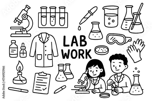 Science Lab Doodle. Lab Work. Hand-drawn doodle illustration Lab Work microscope, test tubes, pipette, beakers, flasks, lab coat, gloves, safety goggles,