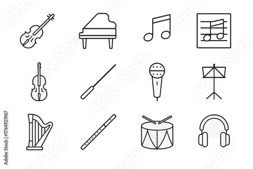Classical Music Icons. Classical music. Line icon set of classical music: violin, piano, music notes, sheet music, cello, conductor baton, microphone, music